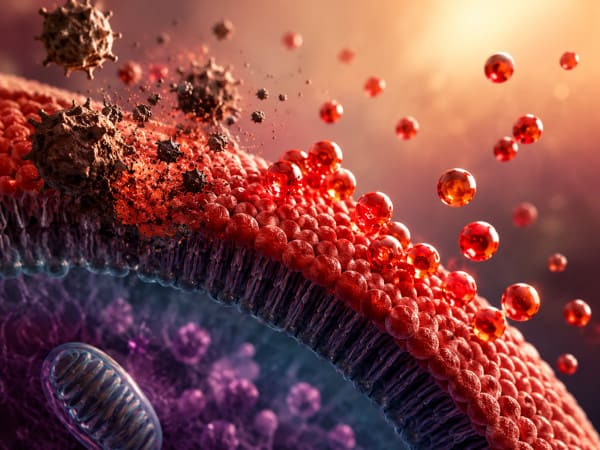 Illustration einer Zellmembran mit Astaxanthin und freien Radikalen im Zusammenhang mit oxidativem Stress